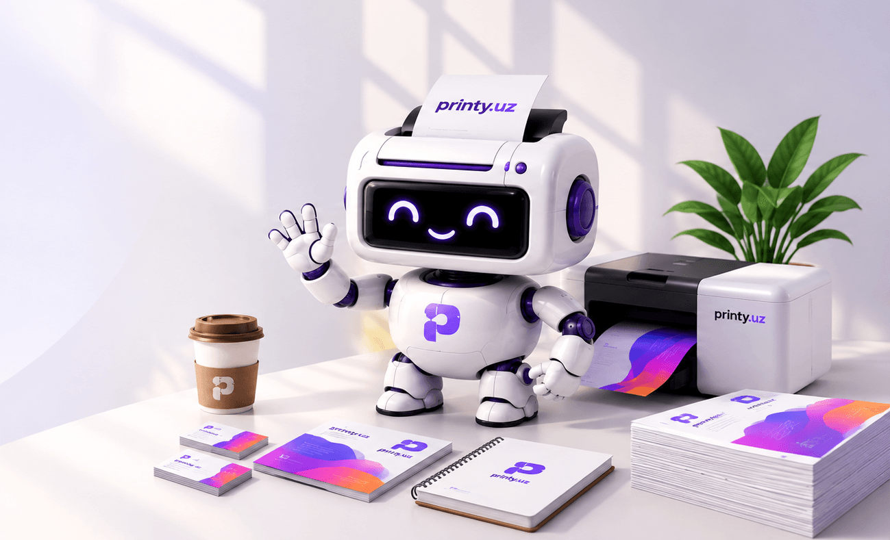 Printy.uz brendlangan mahsulotlar — printer, robot, vizitka, blokno va paketlar